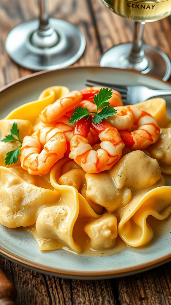 Creamy three cheese tortellini with shrimp garnished with parsley on a rustic wooden table.